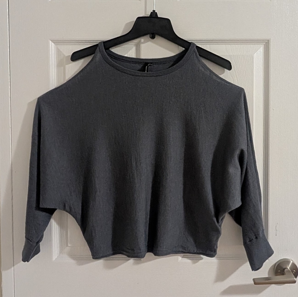 Marciano Silk Wool Cold Shoulder Sweater Slate Blue Batwing Knit Quiet Luxury M